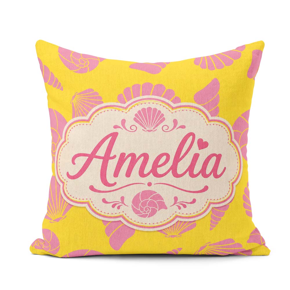 Custom Name Minimal Sea Shells Yellow Pink Seamless Pattern Name Square Filled Cushion Throw Pillow Sofa Bed Home Decor Zip Washable UK Made