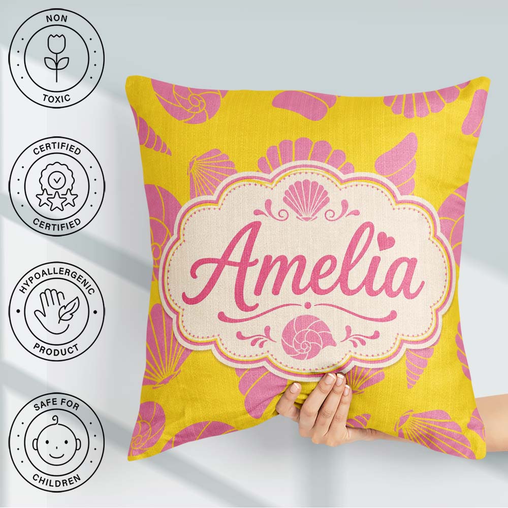 Custom Name Minimal Sea Shells Yellow Pink Seamless Pattern Name Square Filled Cushion Throw Pillow Sofa Bed Home Decor Zip Washable UK Made