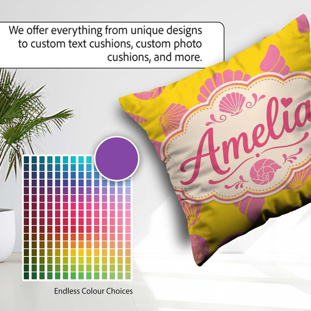 Custom Name Minimal Sea Shells Yellow Pink Seamless Pattern Name Square Filled Cushion Throw Pillow Sofa Bed Home Decor Zip Washable UK Made