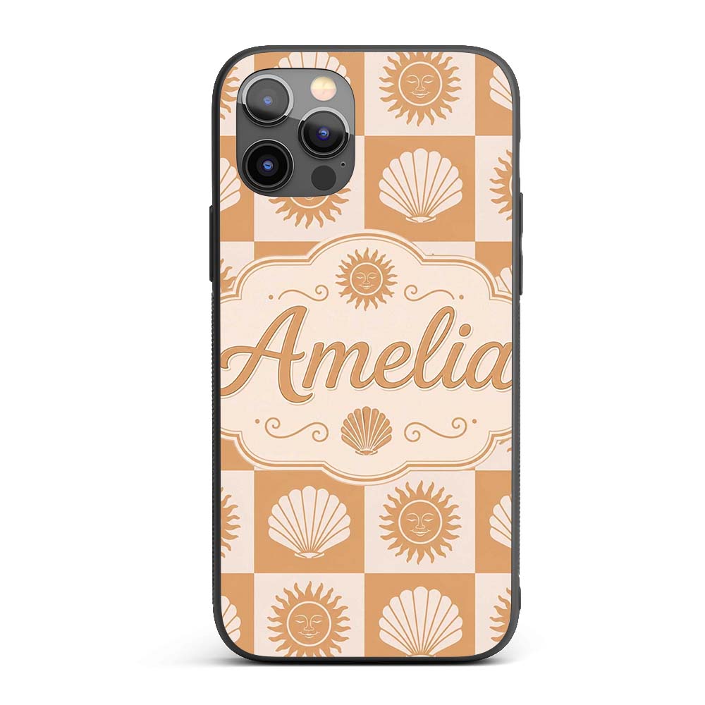 Boho Sun And Shells Checkerboard Beige Seamless Custom Name Protective Phone Case Mobile Cover Durable Everyday Smartphone Shock Resistant