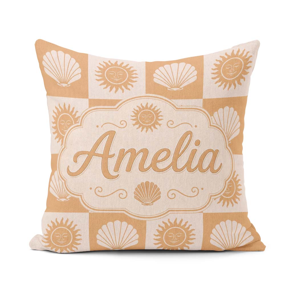 Custom Name Boho Sun And Shells Beige Seamless Pattern Name Cute Square Filled Cushion Throw Pillow Sofa Bed Home Decor Zip Washable UK Made