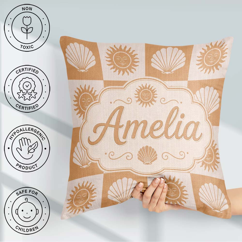 Custom Name Boho Sun And Shells Beige Seamless Pattern Name Cute Square Filled Cushion Throw Pillow Sofa Bed Home Decor Zip Washable UK Made