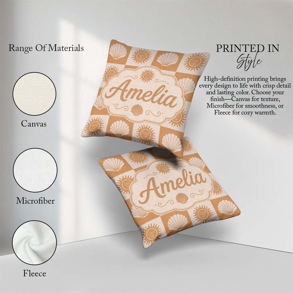 Custom Name Boho Sun And Shells Beige Seamless Pattern Name Cute Square Filled Cushion Throw Pillow Sofa Bed Home Decor Zip Washable UK Made