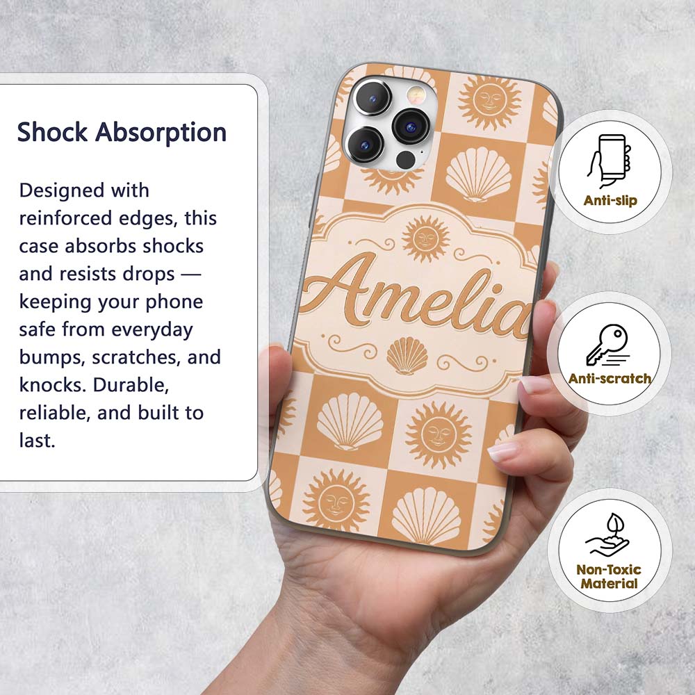 Boho Sun And Shells Checkerboard Beige Seamless Custom Name Protective Phone Case Mobile Cover Durable Everyday Smartphone Shock Resistant