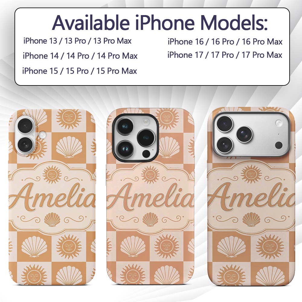 Boho Sun And Shells Checkerboard Beige Seamless Custom Name Protective Phone Case Mobile Cover Durable Everyday Smartphone Shock Resistant
