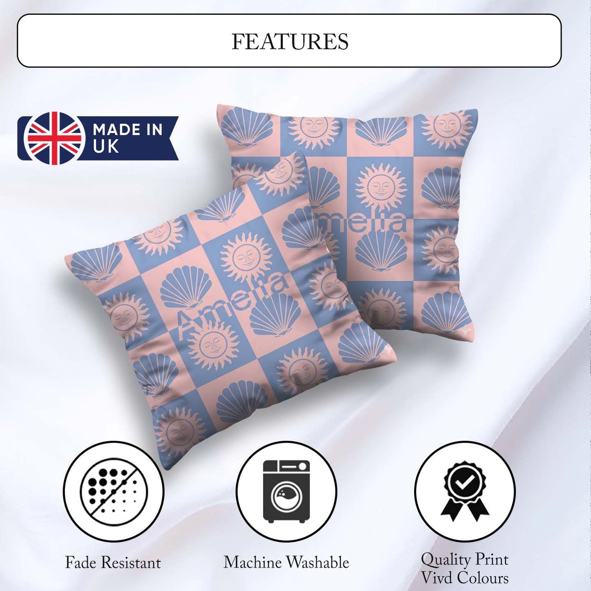 Custom Name Boho Sun And Shells Blue Pink Seamless Pattern Name Square Filled Cushion Throw Pillow Sofa Bed Home Decor Zip Washable UK Made