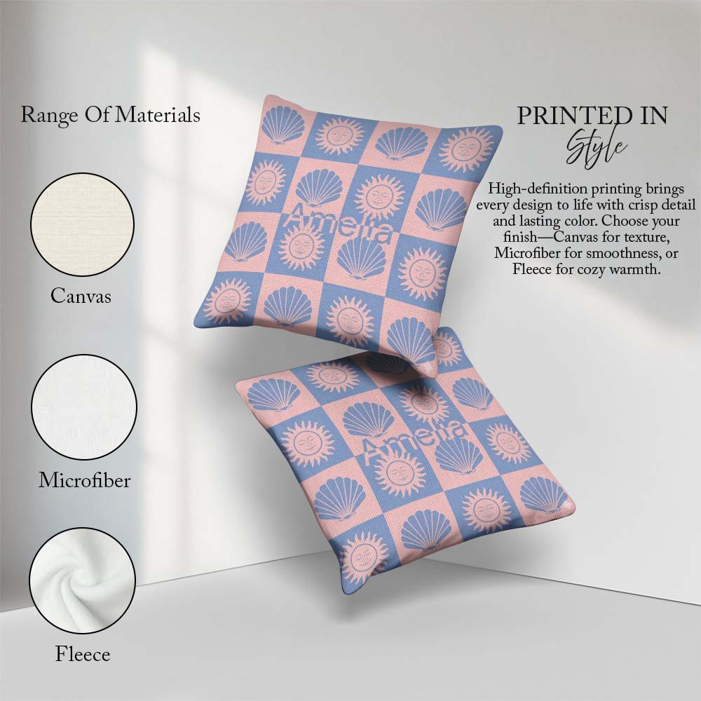 Custom Name Boho Sun And Shells Blue Pink Seamless Pattern Name Square Filled Cushion Throw Pillow Sofa Bed Home Decor Zip Washable UK Made