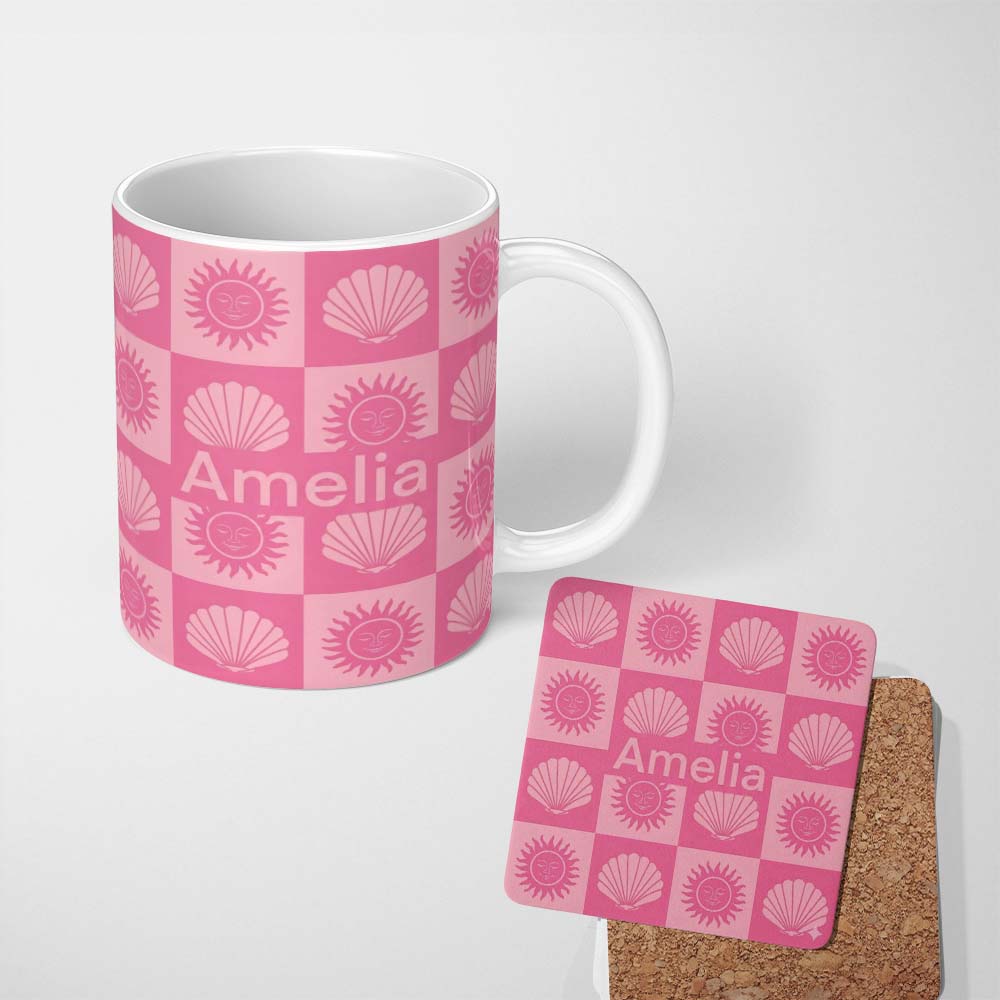 Personalized Custom Name Boho Sun And Shells Checkerboard Pink Seamless Pattern Name Cute 11oz Ceramic Coffee Tea Mug White Large Handle