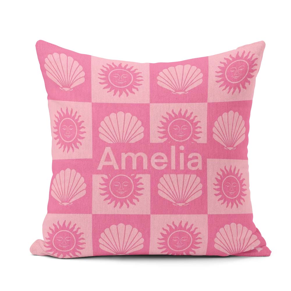 Custom Name Boho Sun And Shells Pink Seamless Pattern Name Cute Square Filled Cushion Throw Pillow Sofa Bed Home Decor Zip Washable UK Made