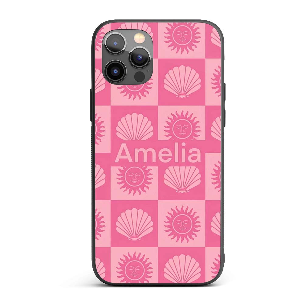 Boho Sun And Shells Checkerboard Pink Seamless Custom Name Protective Phone Case Mobile Cover Durable Everyday Smartphone Shock Resistant