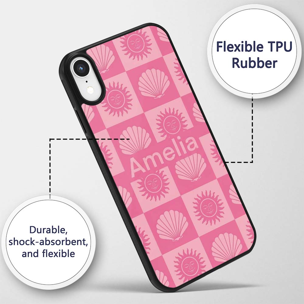 Boho Sun And Shells Checkerboard Pink Seamless Custom Name Protective Phone Case Mobile Cover Durable Everyday Smartphone Shock Resistant