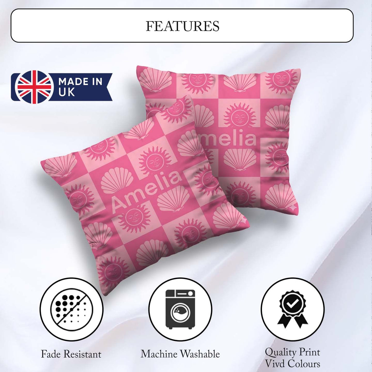 Custom Name Boho Sun And Shells Pink Seamless Pattern Name Cute Square Filled Cushion Throw Pillow Sofa Bed Home Decor Zip Washable UK Made