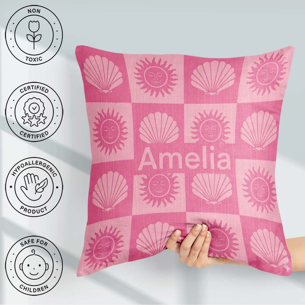 Custom Name Boho Sun And Shells Pink Seamless Pattern Name Cute Square Filled Cushion Throw Pillow Sofa Bed Home Decor Zip Washable UK Made