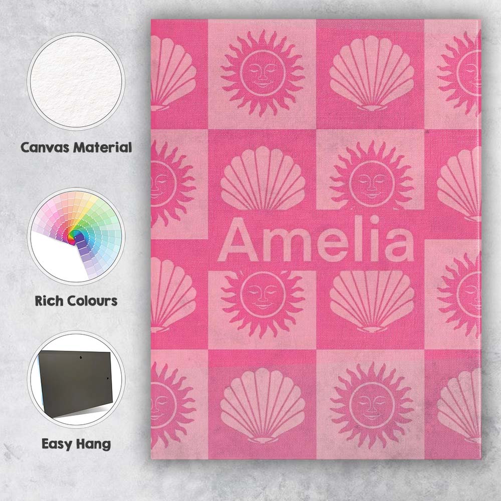 Personalised Name Boho Sun And Shells Custom Modern Room Accent Creative Decorator Style Canvas Wall Art Print Decor Picture Ready to Hang