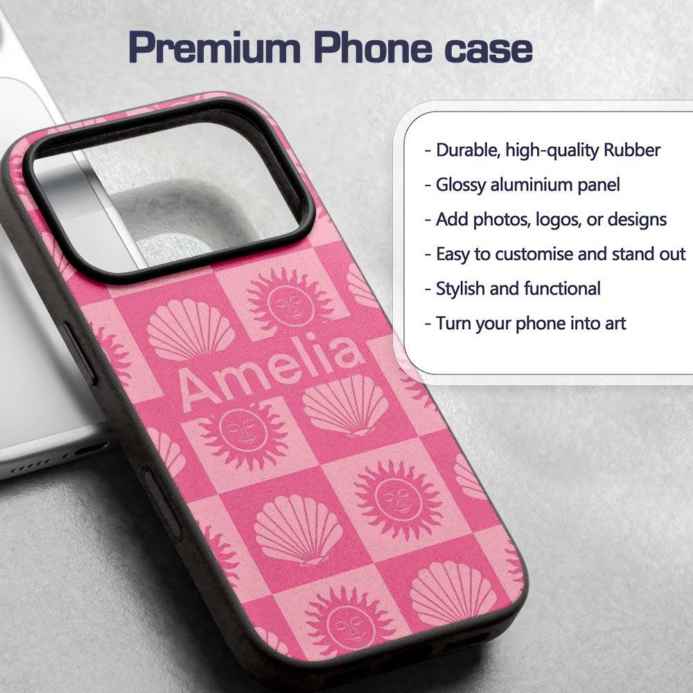 Boho Sun And Shells Checkerboard Pink Seamless Custom Name Protective Phone Case Mobile Cover Durable Everyday Smartphone Shock Resistant