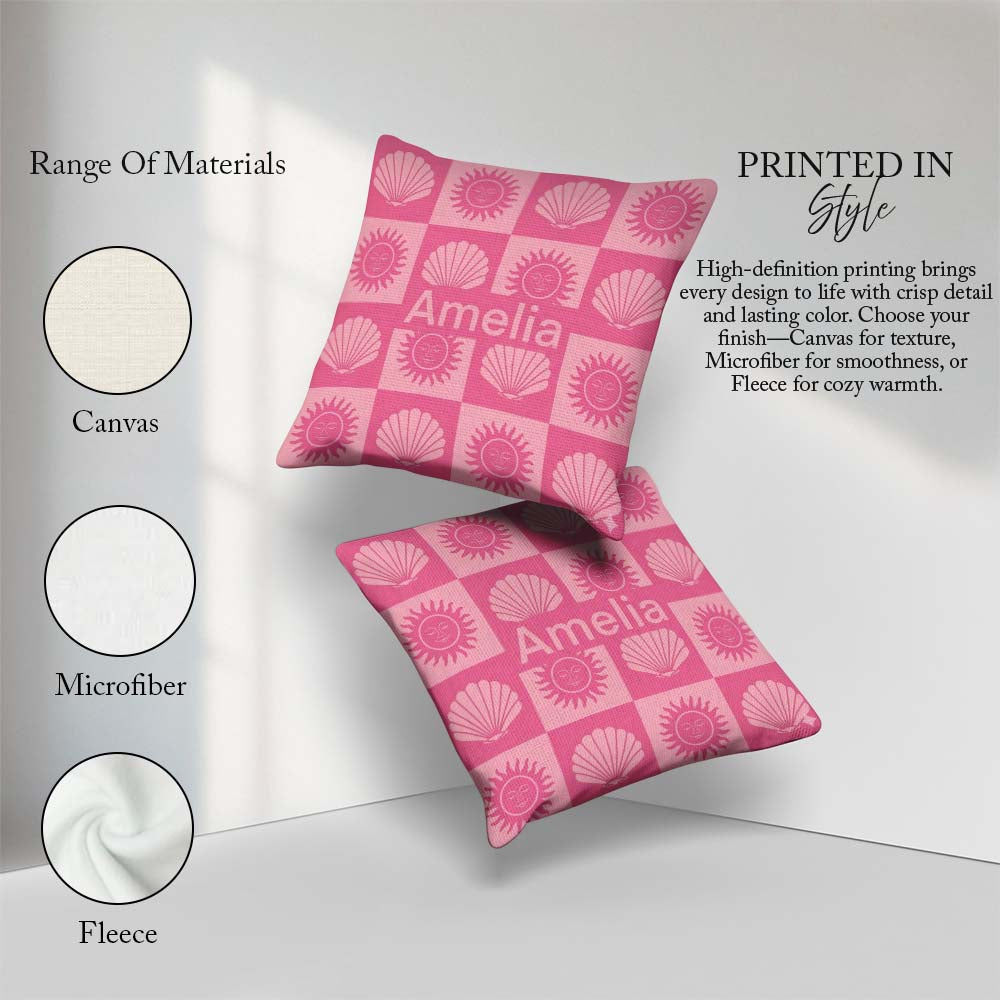 Custom Name Boho Sun And Shells Pink Seamless Pattern Name Cute Square Filled Cushion Throw Pillow Sofa Bed Home Decor Zip Washable UK Made