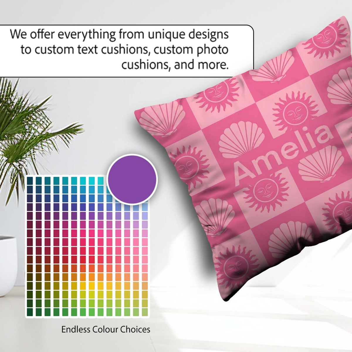 Custom Name Boho Sun And Shells Pink Seamless Pattern Name Cute Square Filled Cushion Throw Pillow Sofa Bed Home Decor Zip Washable UK Made