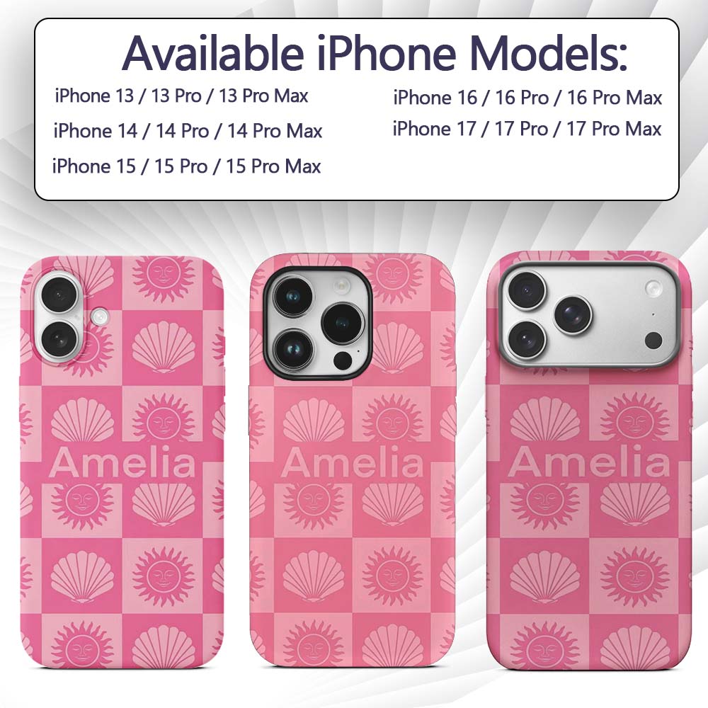 Boho Sun And Shells Checkerboard Pink Seamless Custom Name Protective Phone Case Mobile Cover Durable Everyday Smartphone Shock Resistant