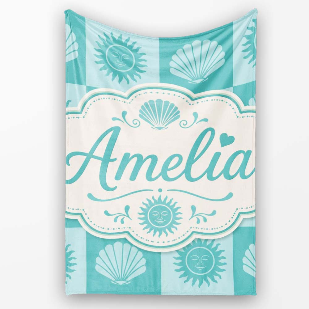 Boho Sun And Shells Checkerboard Teal Seamless Pattern Name Cute Personalised Custom Name Super Soft Fleece Blanket Bed Sofa Throw