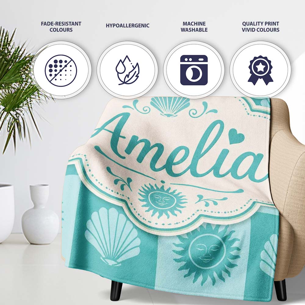 Boho Sun And Shells Checkerboard Teal Seamless Pattern Name Cute Personalised Custom Name Super Soft Fleece Blanket Bed Sofa Throw