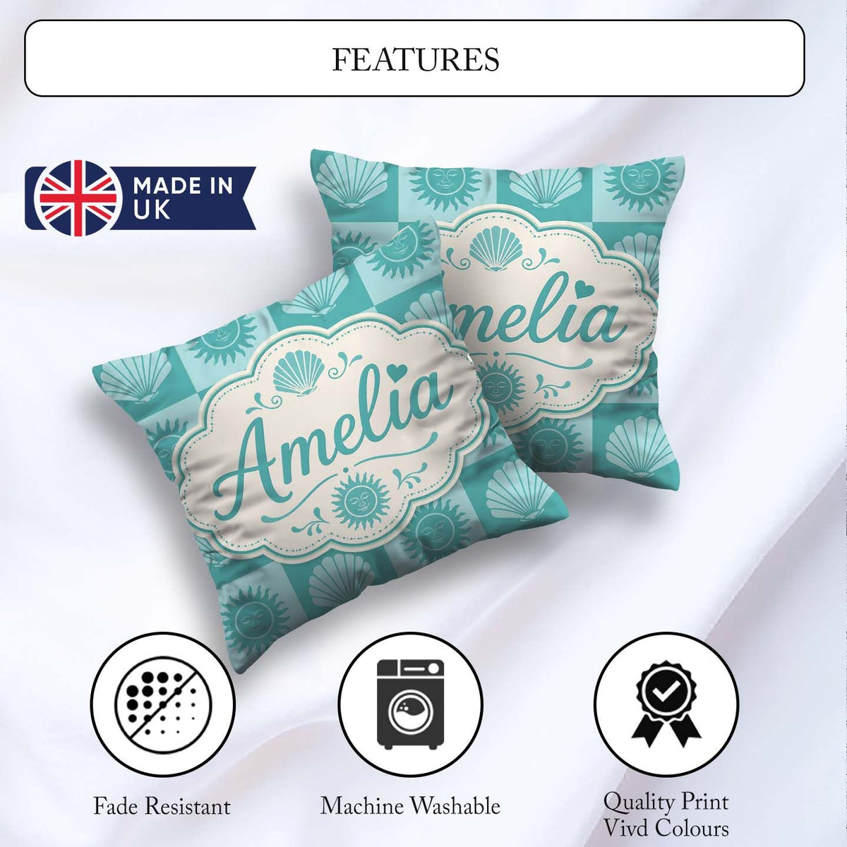 Custom Name Boho Sun And Shells Teal Seamless Pattern Name Cute Square Filled Cushion Throw Pillow Sofa Bed Home Decor Zip Washable UK Made