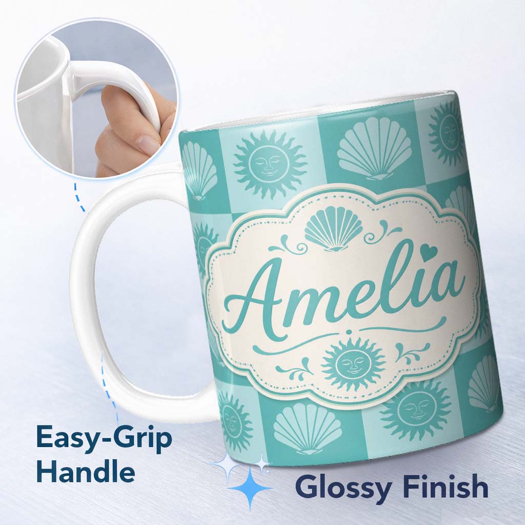 Personalized Custom Name Boho Sun And Shells Checkerboard Teal Seamless Pattern Name Cute 11oz Ceramic Coffee Tea Mug White Large Handle
