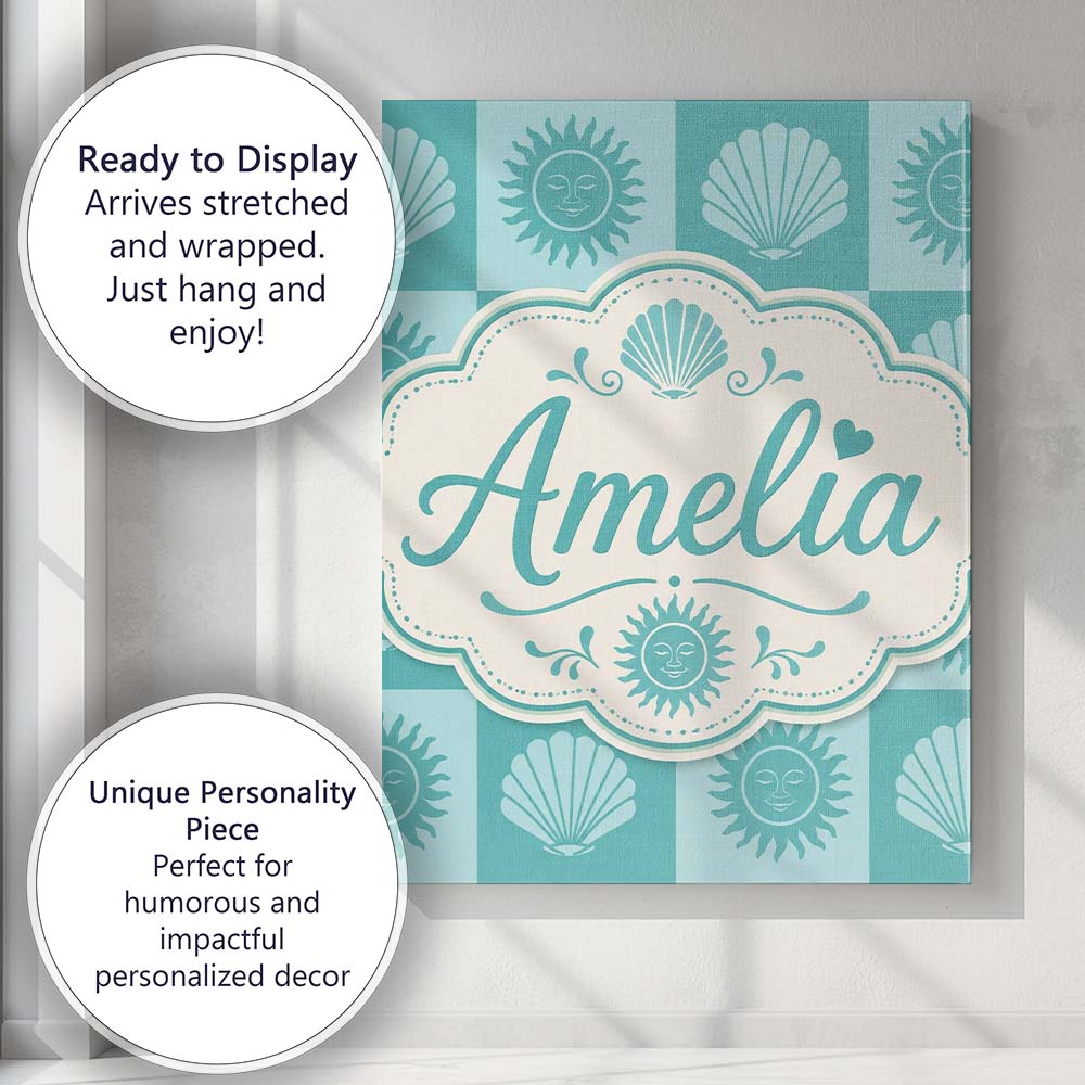 Personalised Name Boho Sun And Shells Custom Modern Room Accent Creative Decorator Style Canvas Wall Art Print Decor Picture Ready to Hang