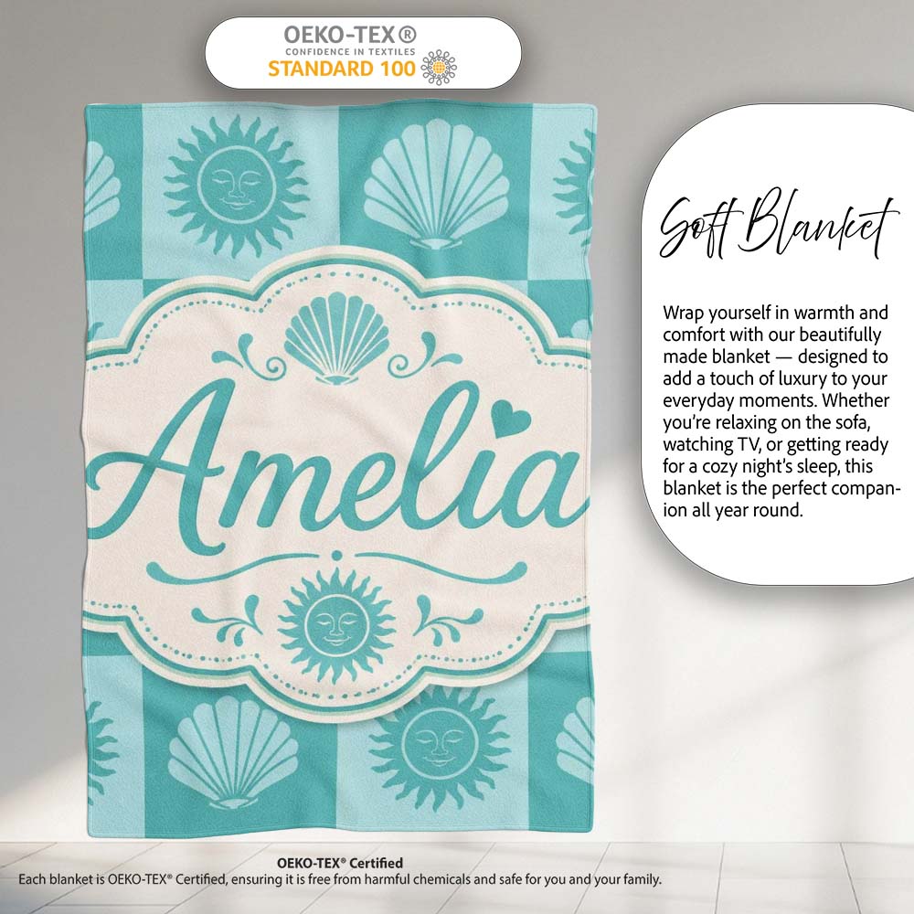 Boho Sun And Shells Checkerboard Teal Seamless Pattern Name Cute Personalised Custom Name Super Soft Fleece Blanket Bed Sofa Throw