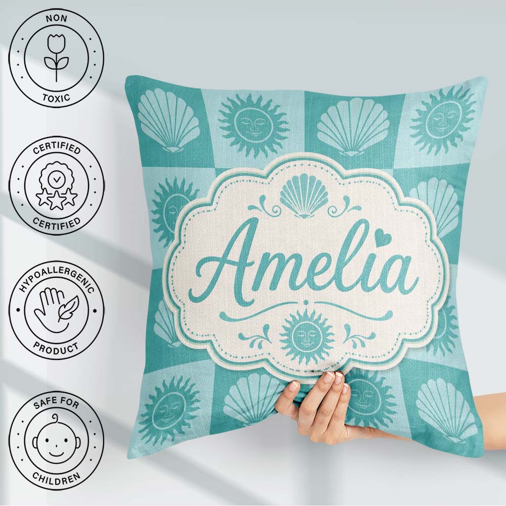 Custom Name Boho Sun And Shells Teal Seamless Pattern Name Cute Square Filled Cushion Throw Pillow Sofa Bed Home Decor Zip Washable UK Made