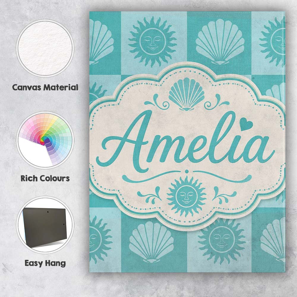 Personalised Name Boho Sun And Shells Custom Modern Room Accent Creative Decorator Style Canvas Wall Art Print Decor Picture Ready to Hang
