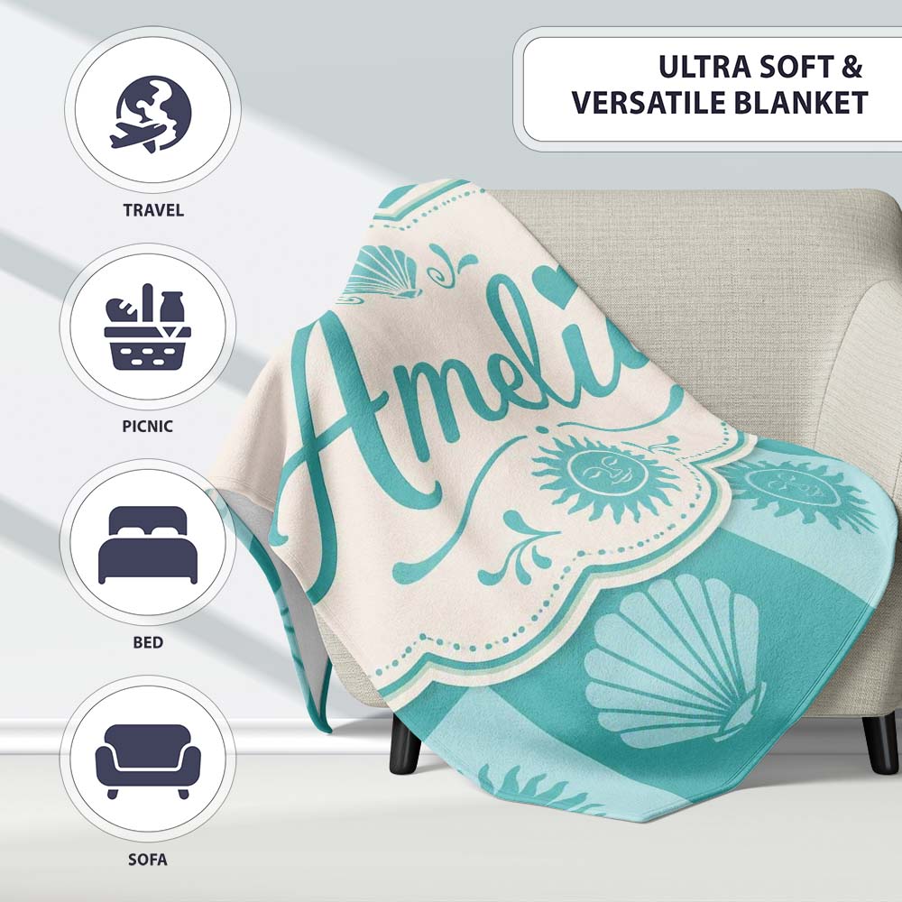 Boho Sun And Shells Checkerboard Teal Seamless Pattern Name Cute Personalised Custom Name Super Soft Fleece Blanket Bed Sofa Throw