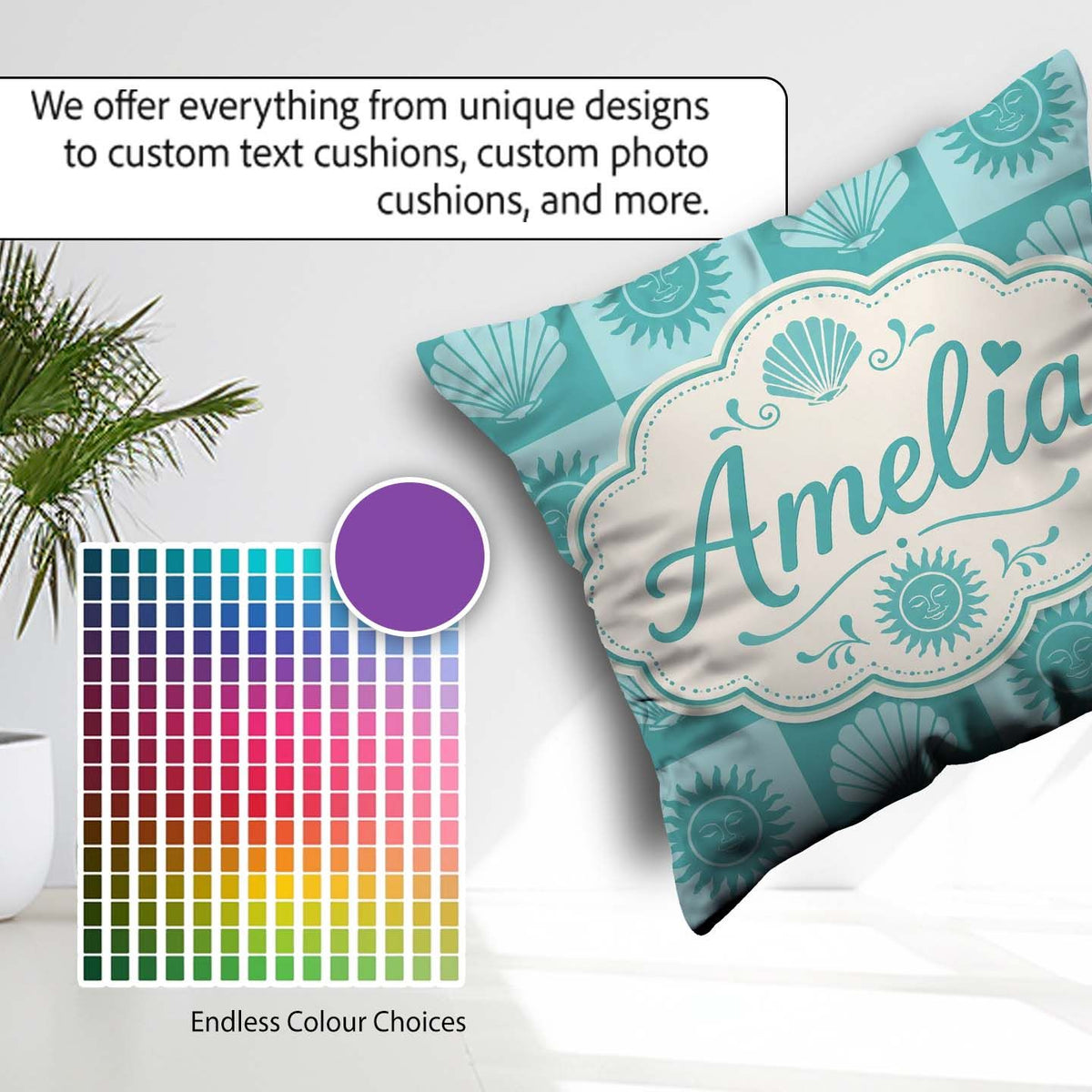 Custom Name Boho Sun And Shells Teal Seamless Pattern Name Cute Square Filled Cushion Throw Pillow Sofa Bed Home Decor Zip Washable UK Made