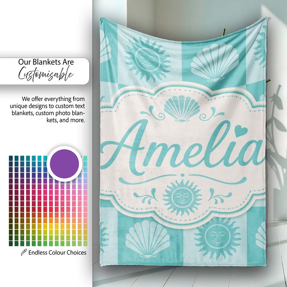 Boho Sun And Shells Checkerboard Teal Seamless Pattern Name Cute Personalised Custom Name Super Soft Fleece Blanket Bed Sofa Throw