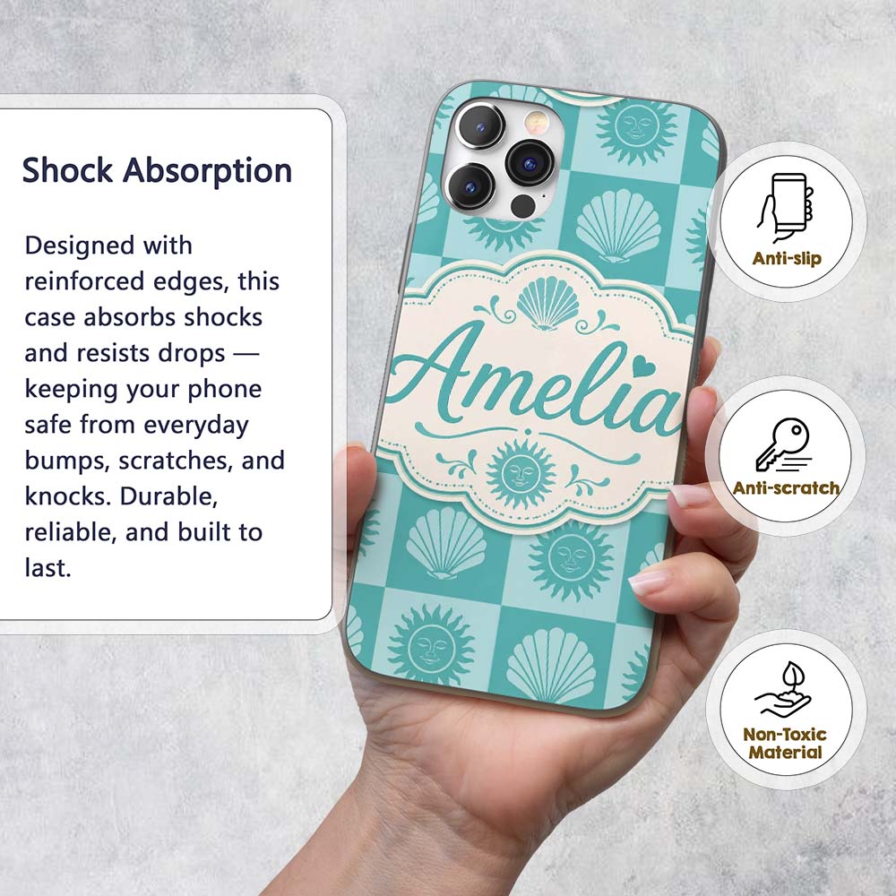 Boho Sun And Shells Checkerboard Teal Seamless Custom Name Protective Phone Case Mobile Cover Durable Everyday Smartphone Shock Resistant