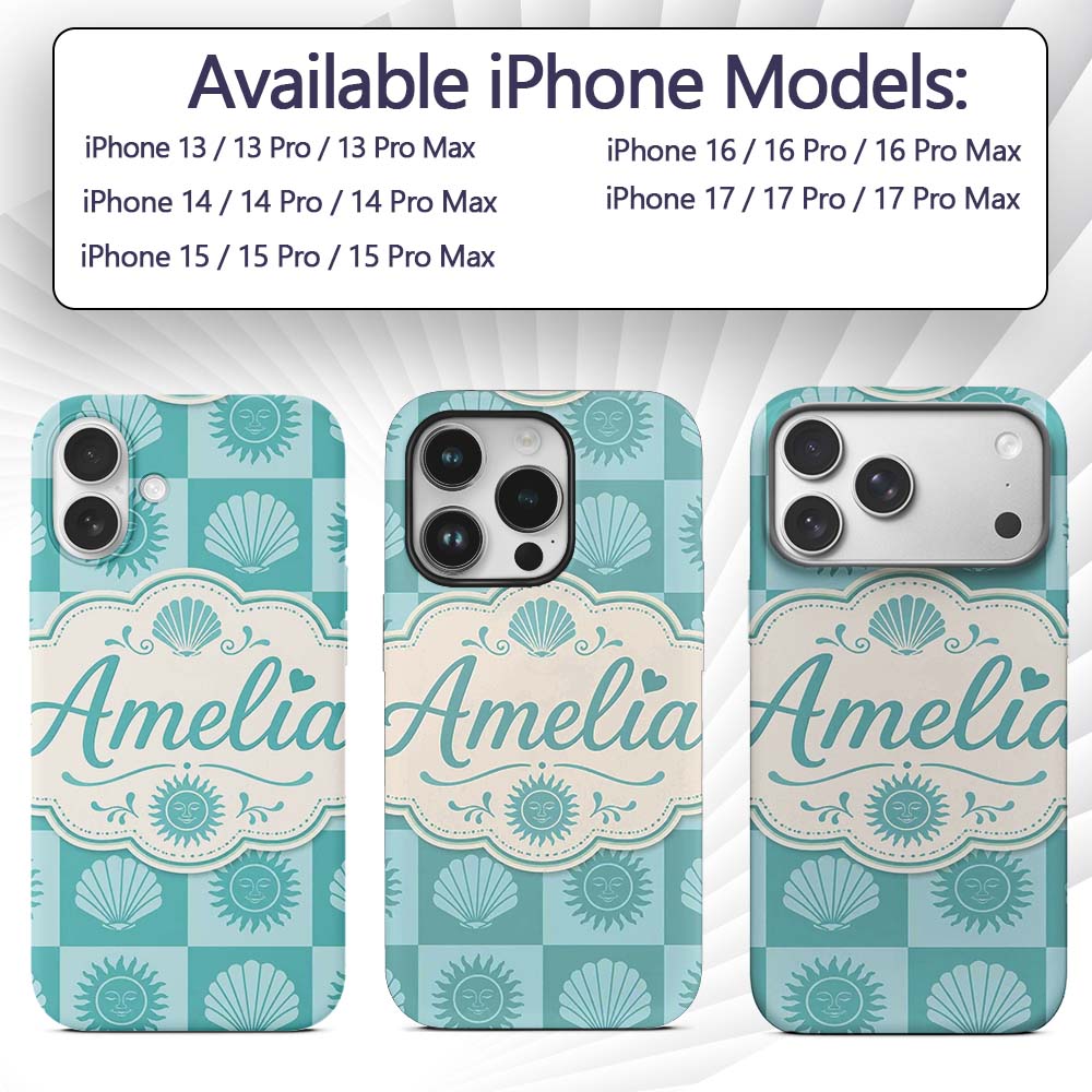 Boho Sun And Shells Checkerboard Teal Seamless Custom Name Protective Phone Case Mobile Cover Durable Everyday Smartphone Shock Resistant