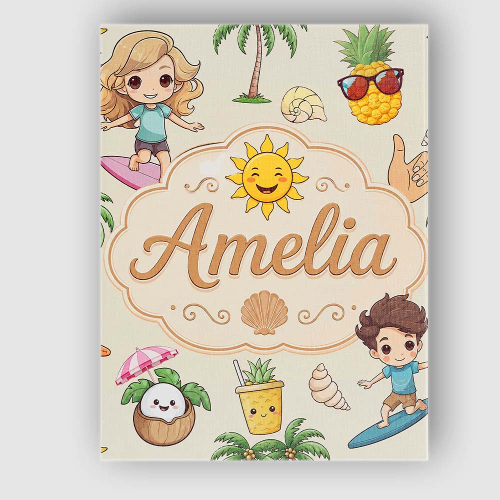 Personalised Name Cute Summer Beach Kids Custom Unique Gift Idea Elegant Feature Canvas Wall Art Print Decor Picture Ready to Hang