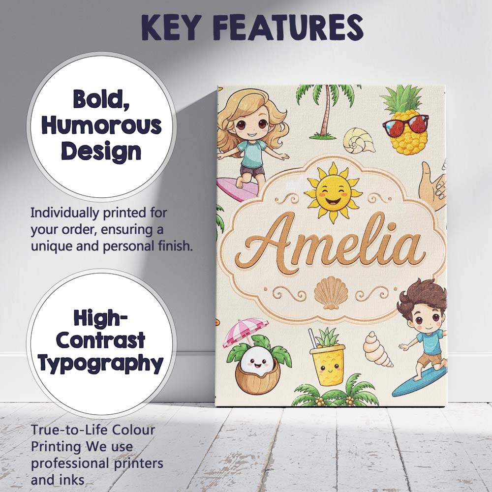 Personalised Name Cute Summer Beach Kids Custom Unique Gift Idea Elegant Feature Canvas Wall Art Print Decor Picture Ready to Hang