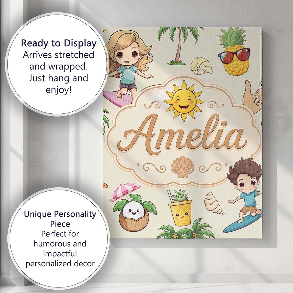 Personalised Name Cute Summer Beach Kids Custom Unique Gift Idea Elegant Feature Canvas Wall Art Print Decor Picture Ready to Hang