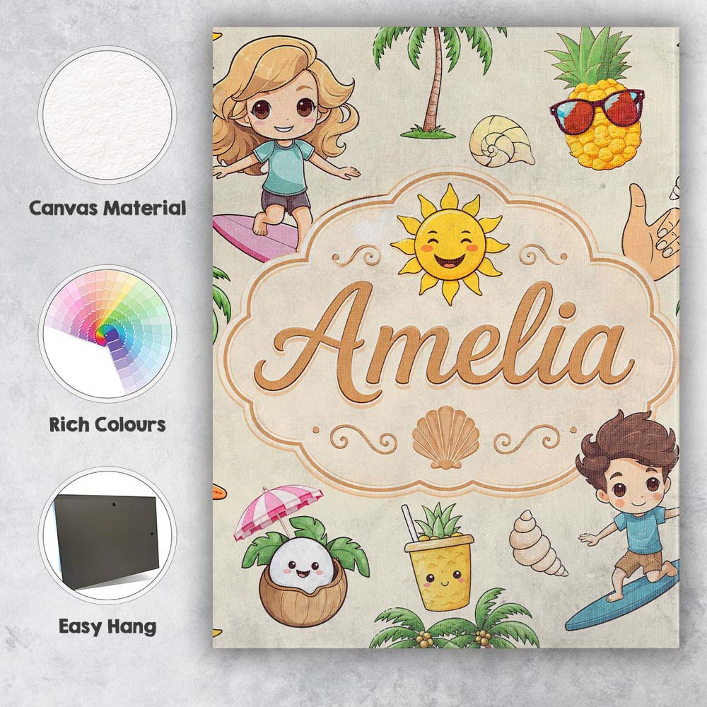 Personalised Name Cute Summer Beach Kids Custom Unique Gift Idea Elegant Feature Canvas Wall Art Print Decor Picture Ready to Hang