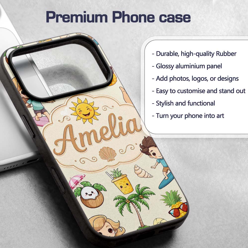 Cute Summer Beach Kids Surfing Sun Pineapple Dog Custom Name Protective Phone Case Mobile Cover Durable Everyday Smartphone Shock Resistant