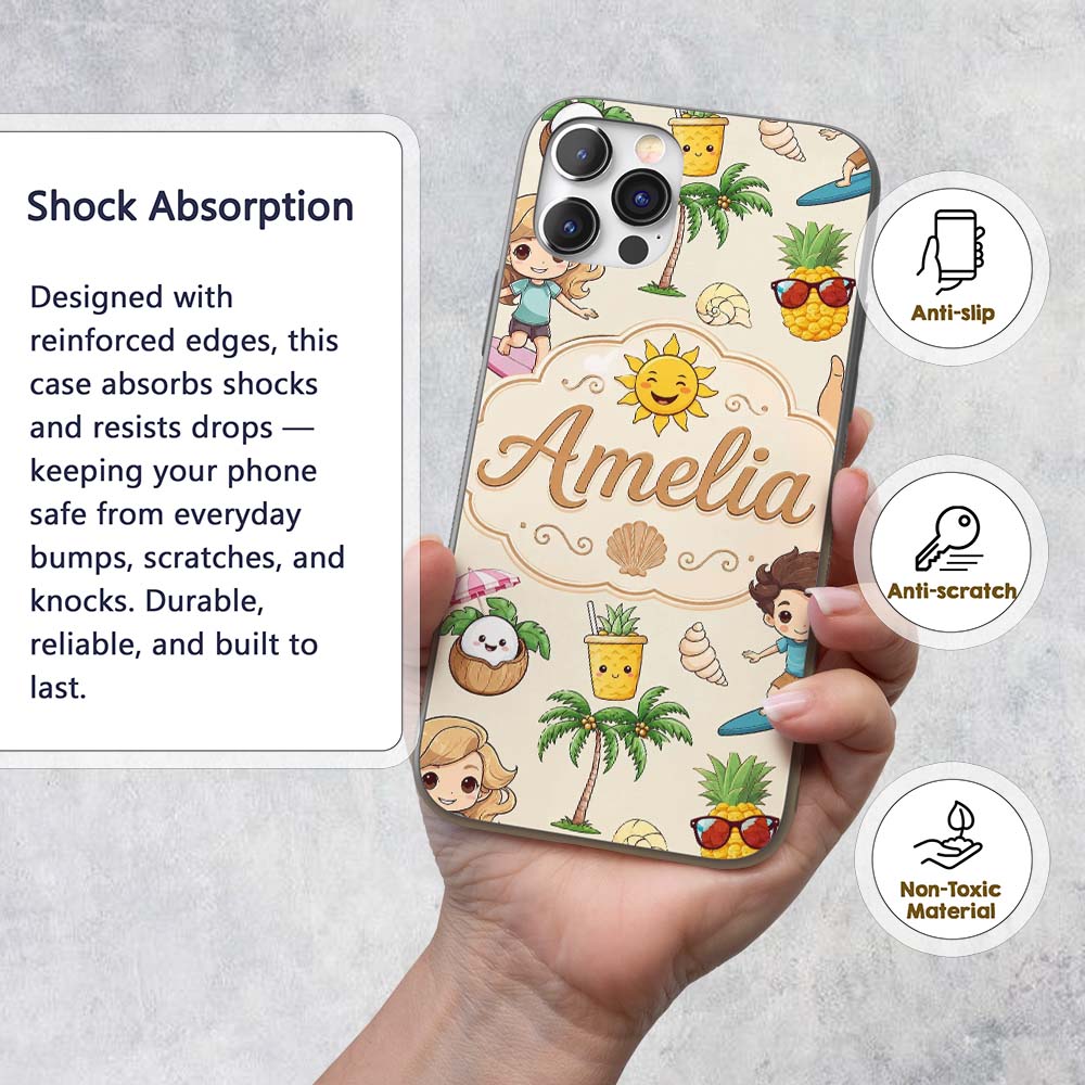 Cute Summer Beach Kids Surfing Sun Pineapple Dog Custom Name Protective Phone Case Mobile Cover Durable Everyday Smartphone Shock Resistant