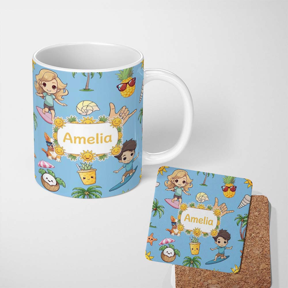 Personalized Custom Name Cute Summer Beach Kids Surfing Sun Pineapple Dog Blue Seamless 11oz Ceramic Coffee Tea Mug White Large Handle