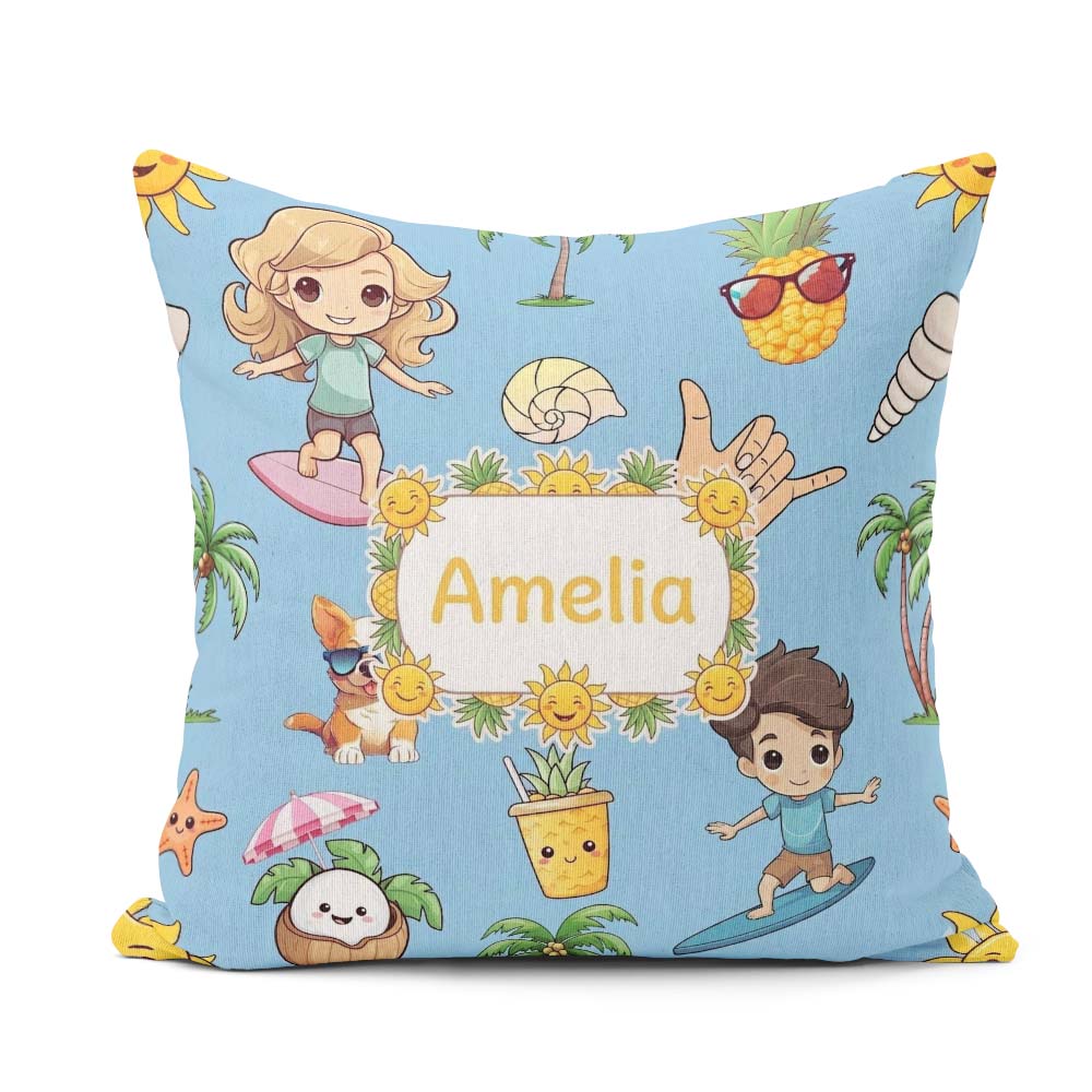 Custom Name Cute Summer Beach Kids Surfing Sun Dog Blue Seamless Square Filled Cushion Throw Pillow Sofa Bed Home Decor Zip Washable UK Made