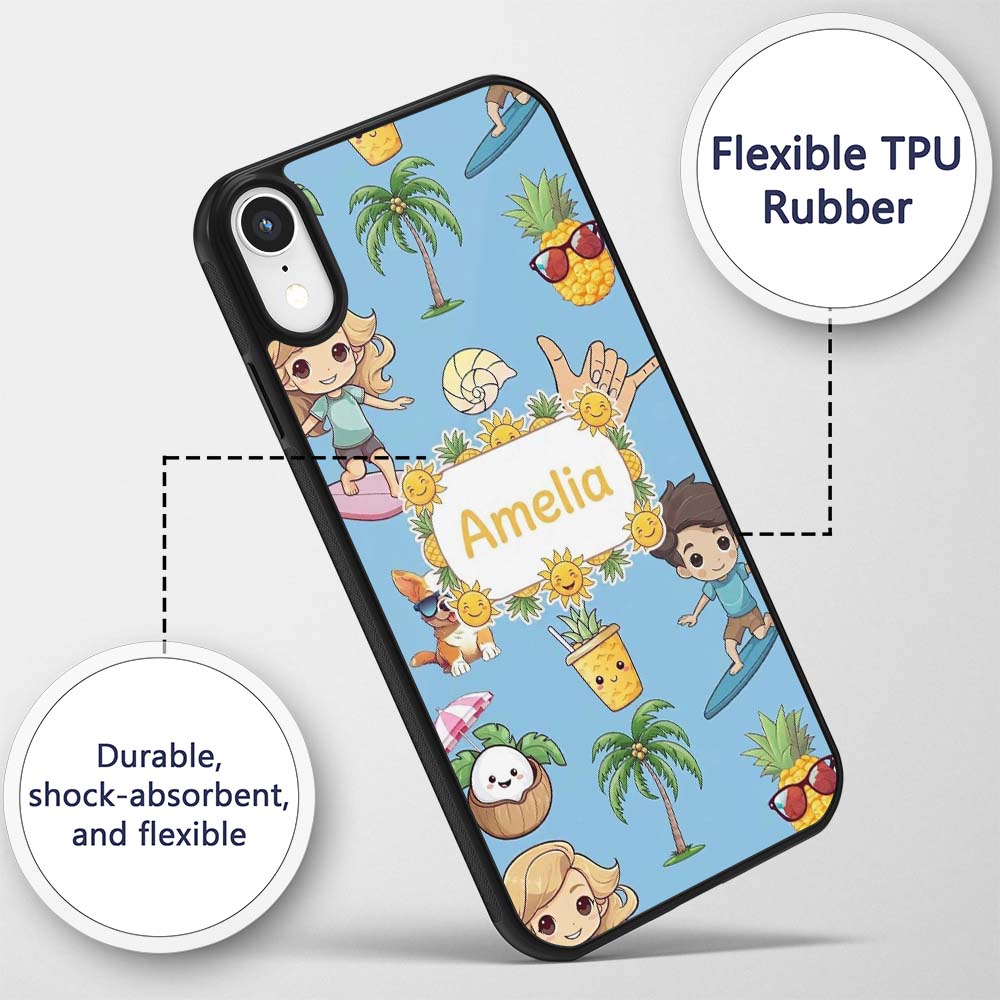 Cute Summer Beach Kids Surfing Sun Pineapple Dog Custom Name Protective Phone Case Mobile Cover Durable Everyday Smartphone Shock Resistant