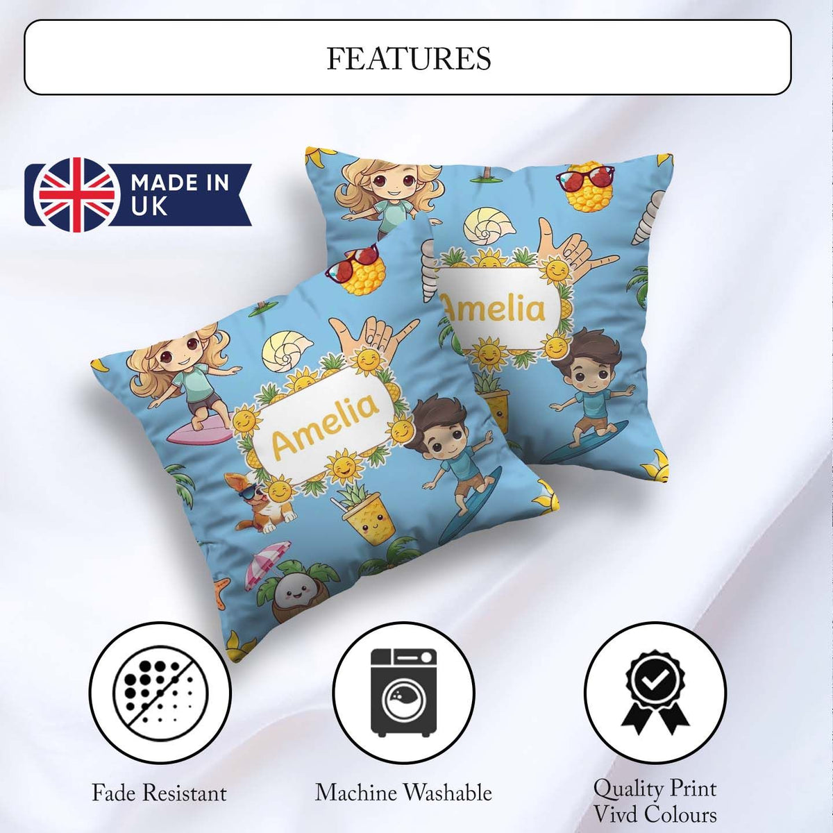 Custom Name Cute Summer Beach Kids Surfing Sun Dog Blue Seamless Square Filled Cushion Throw Pillow Sofa Bed Home Decor Zip Washable UK Made