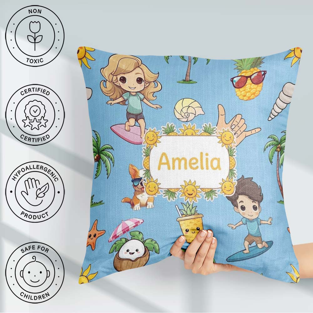 Custom Name Cute Summer Beach Kids Surfing Sun Dog Blue Seamless Square Filled Cushion Throw Pillow Sofa Bed Home Decor Zip Washable UK Made