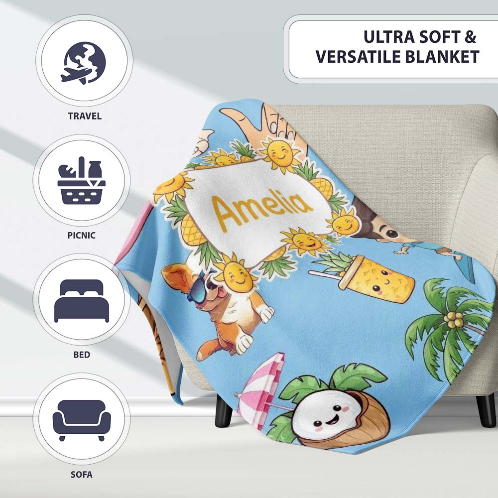 Cute Summer Beach Kids Surfing Sun Pineapple Dog Blue Seamless Personalised Custom Name Super Soft Fleece Blanket Bed Sofa Throw