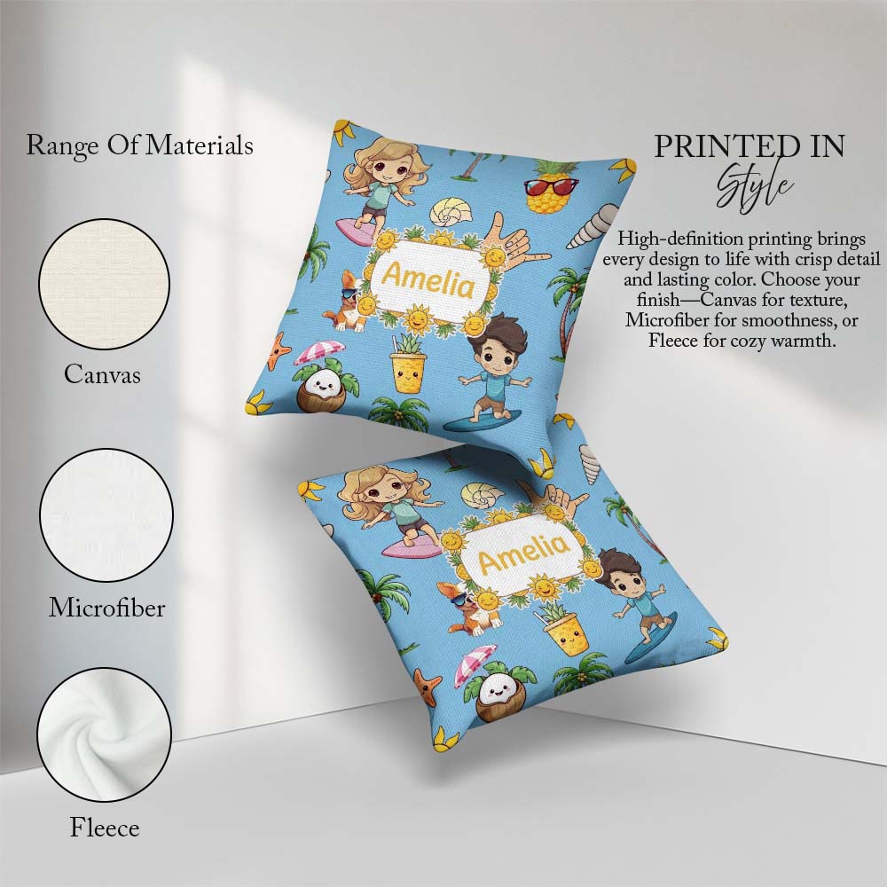 Custom Name Cute Summer Beach Kids Surfing Sun Dog Blue Seamless Square Filled Cushion Throw Pillow Sofa Bed Home Decor Zip Washable UK Made