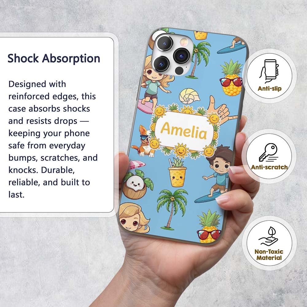 Cute Summer Beach Kids Surfing Sun Pineapple Dog Custom Name Protective Phone Case Mobile Cover Durable Everyday Smartphone Shock Resistant