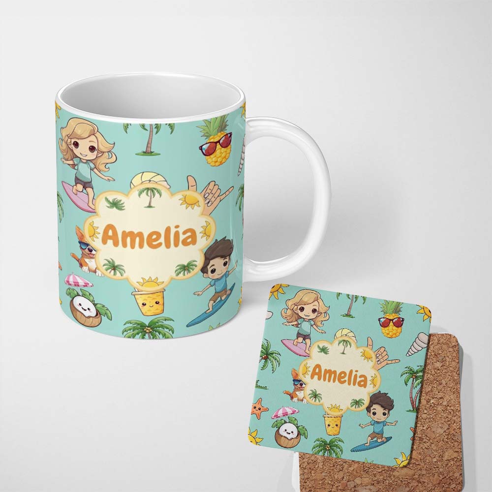 Personalized Custom Name Cute Summer Beach Kids Surfing Sun Pineapple Dog Teal Seamless 11oz Ceramic Coffee Tea Mug White Large Handle